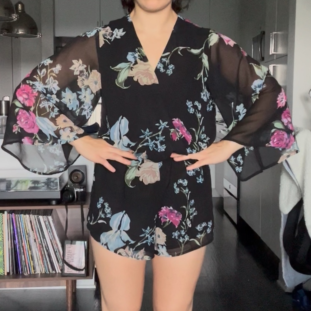 Olivaceous Black Floral Romper with Sheer Sleeves